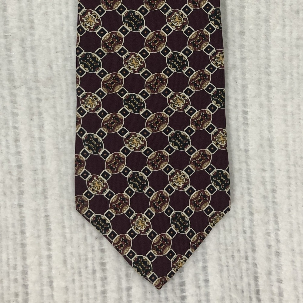 Vintage 90s Tommy Hilfiger Silk Tie Burgundy Crest Medallion Geometric Preppy